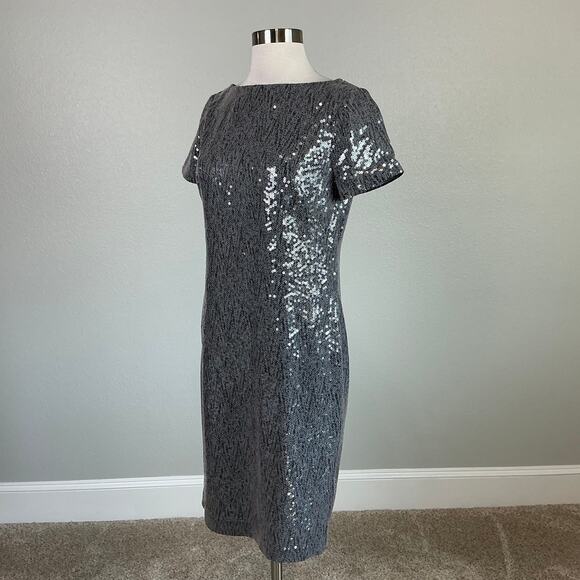 Ralph Lauren Sequined Cocktail Dress Gray Size 4 Short Sleeve Boat Neck Sheath - Picture 4 of 14